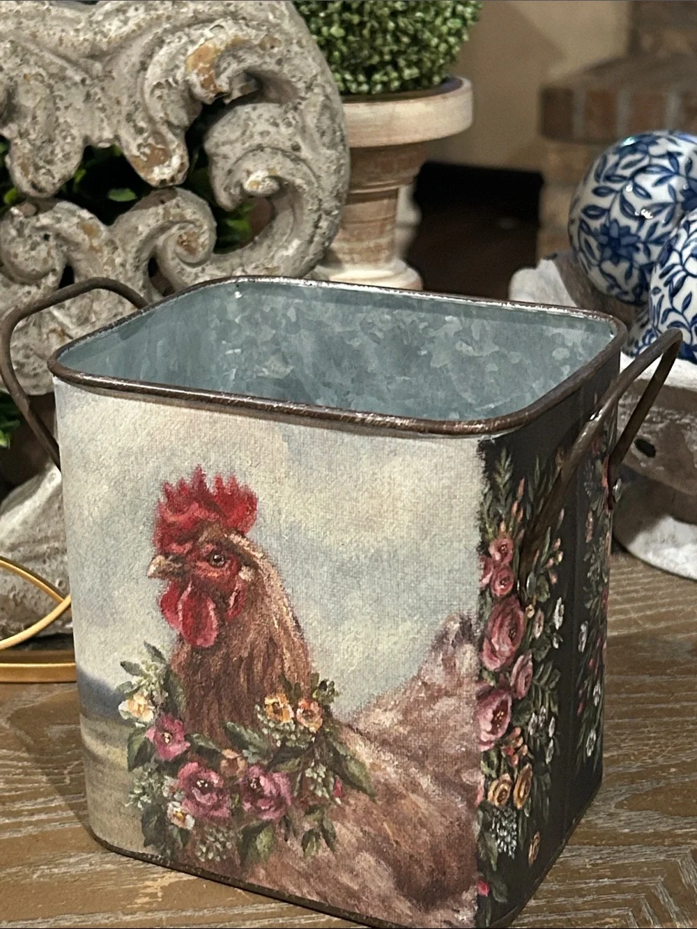 NEW! Vintage Inspired Bohemian Farmhouse Rooster Galvanized Black Metal Bucket